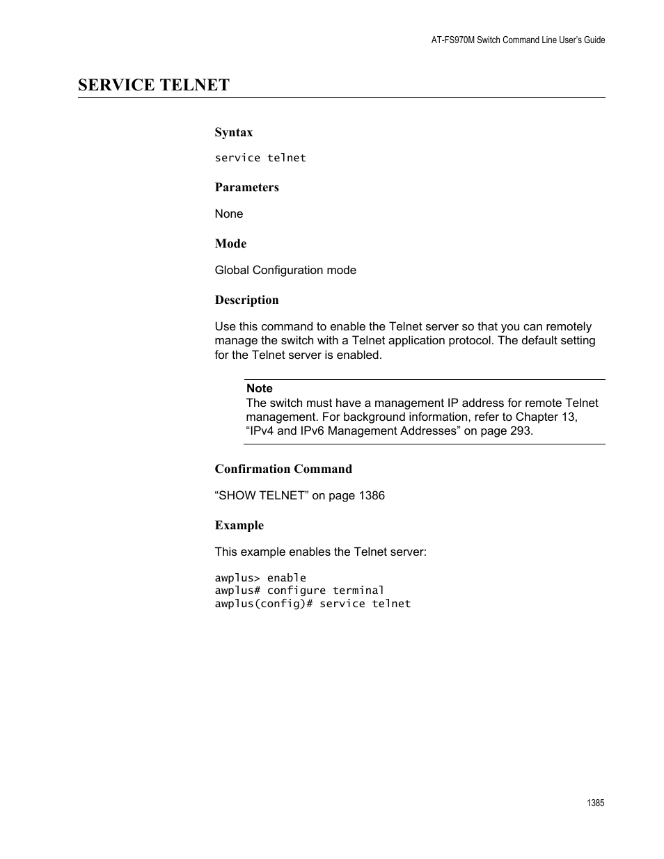 Service telnet 5, Service telnet | Allied Telesis AT-FS970M Series User Manual | Page 1385 / 1938