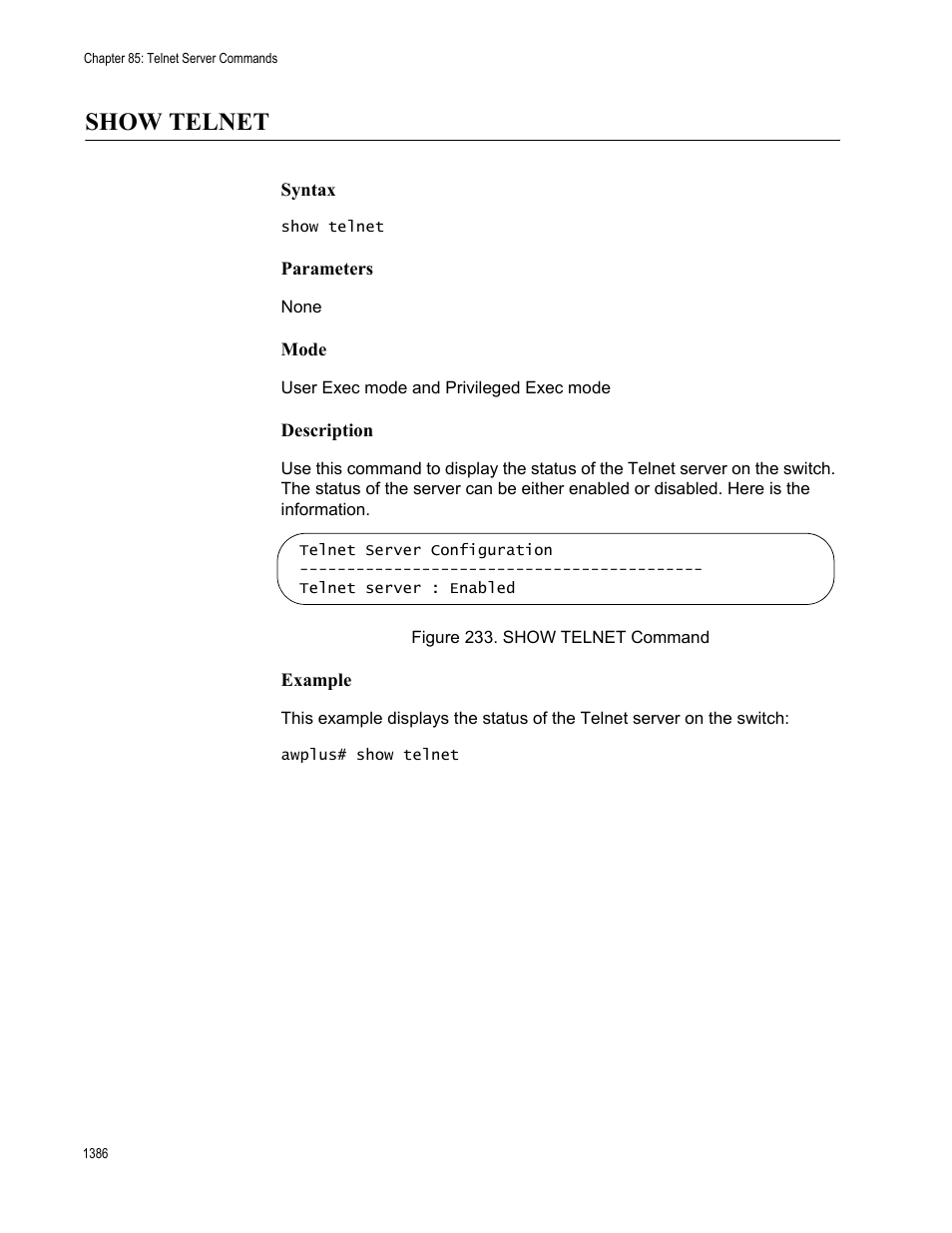 Show telnet 6, Figure 233. show telnet command 6, Show telnet | Allied Telesis AT-FS970M Series User Manual | Page 1386 / 1938