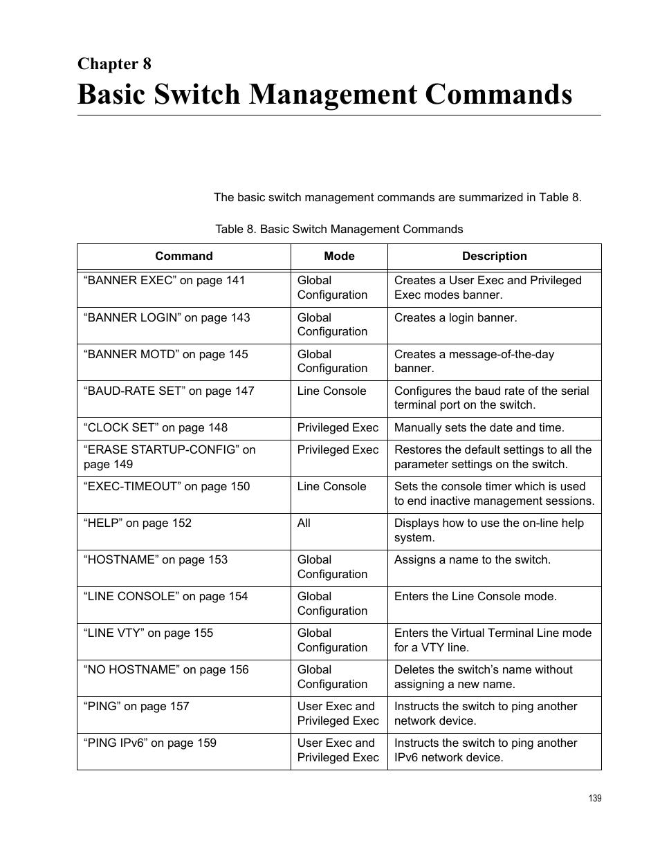 Chapter 8, Basic switch management commands, Table 8. basic switch management commands | Allied Telesis AT-FS970M Series User Manual | Page 139 / 1938