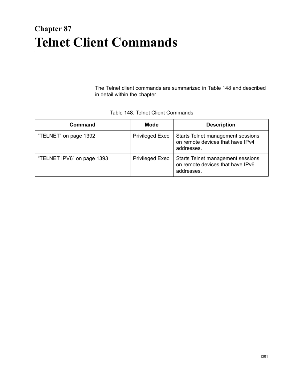 Chapter 87, Telnet client commands, Table 148. telnet client commands 1 | Allied Telesis AT-FS970M Series User Manual | Page 1391 / 1938