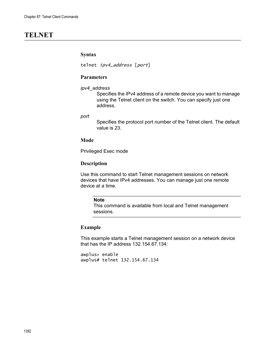 Telnet 2, Telnet | Allied Telesis AT-FS970M Series User Manual | Page 1392 / 1938