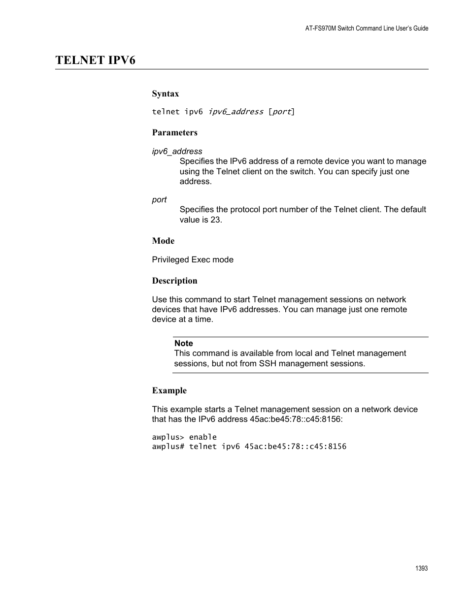 Telnet ipv6 3, Telnet ipv6 | Allied Telesis AT-FS970M Series User Manual | Page 1393 / 1938