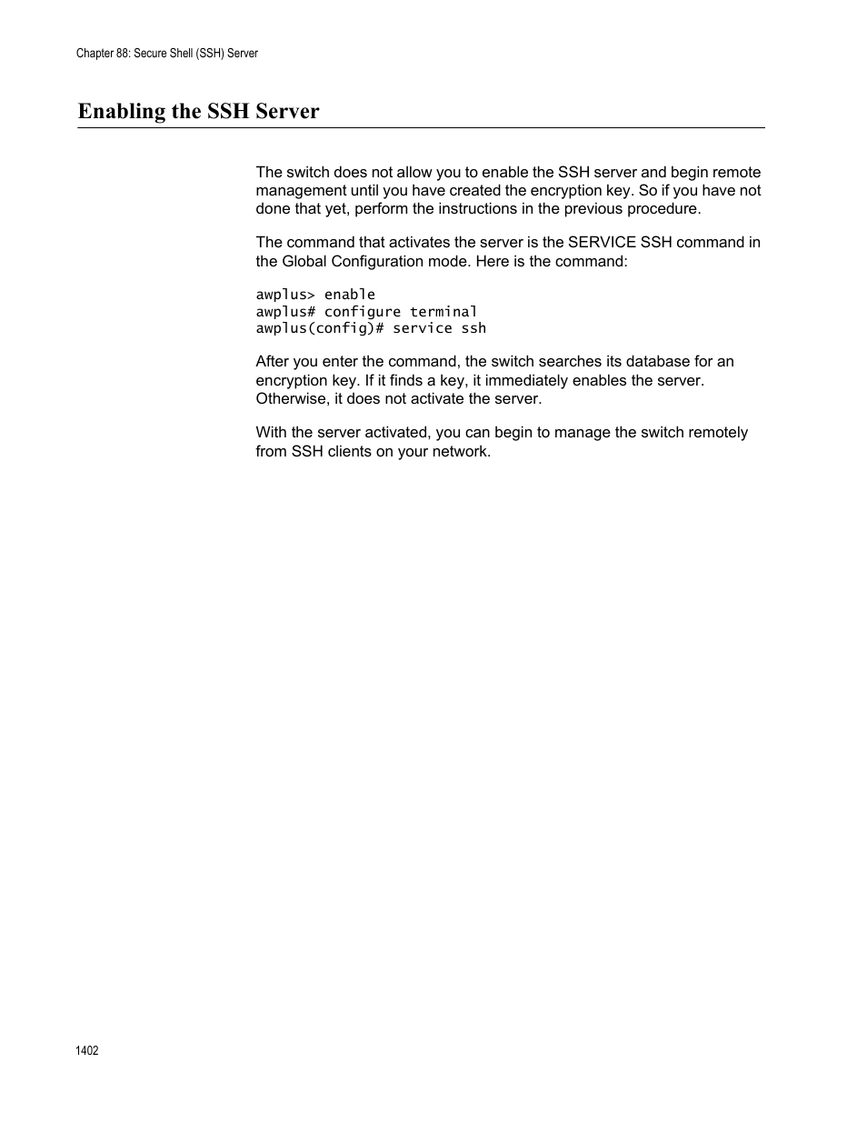 Enabling the ssh server 2, Enabling the ssh server | Allied Telesis AT-FS970M Series User Manual | Page 1402 / 1938