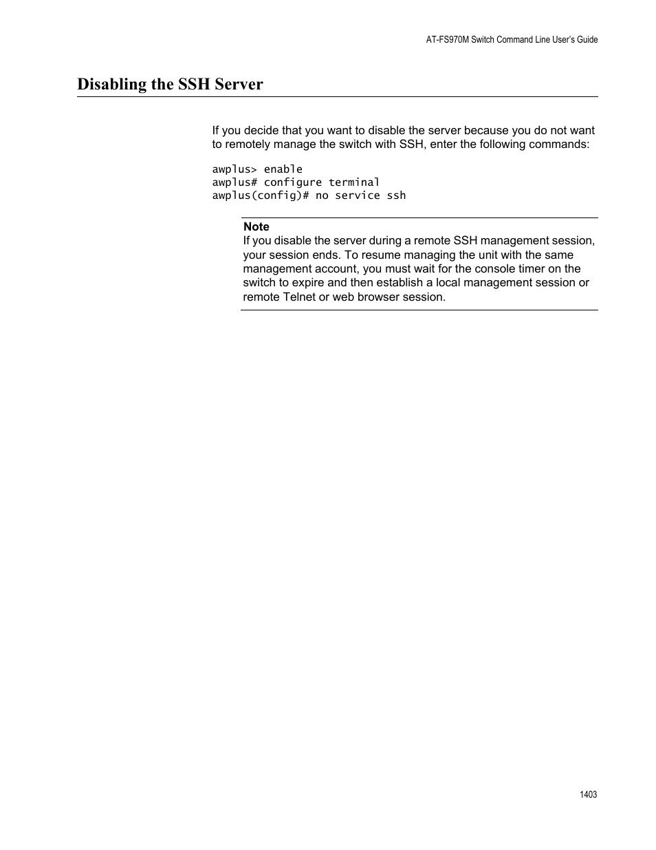 Disabling the ssh server 3, Disabling the ssh server | Allied Telesis AT-FS970M Series User Manual | Page 1403 / 1938