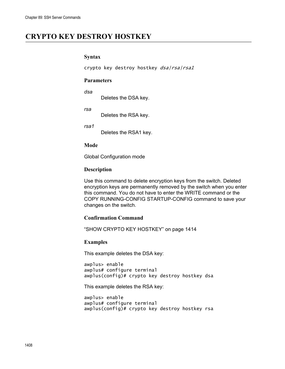 Crypto key destroy hostkey 8, Crypto key destroy hostkey | Allied Telesis AT-FS970M Series User Manual | Page 1408 / 1938