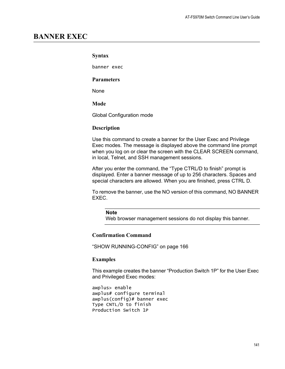 Banner exec | Allied Telesis AT-FS970M Series User Manual | Page 141 / 1938