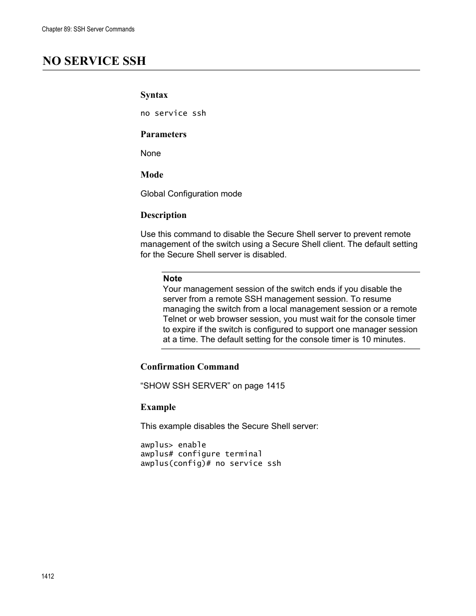 No service ssh 2, No service ssh | Allied Telesis AT-FS970M Series User Manual | Page 1412 / 1938