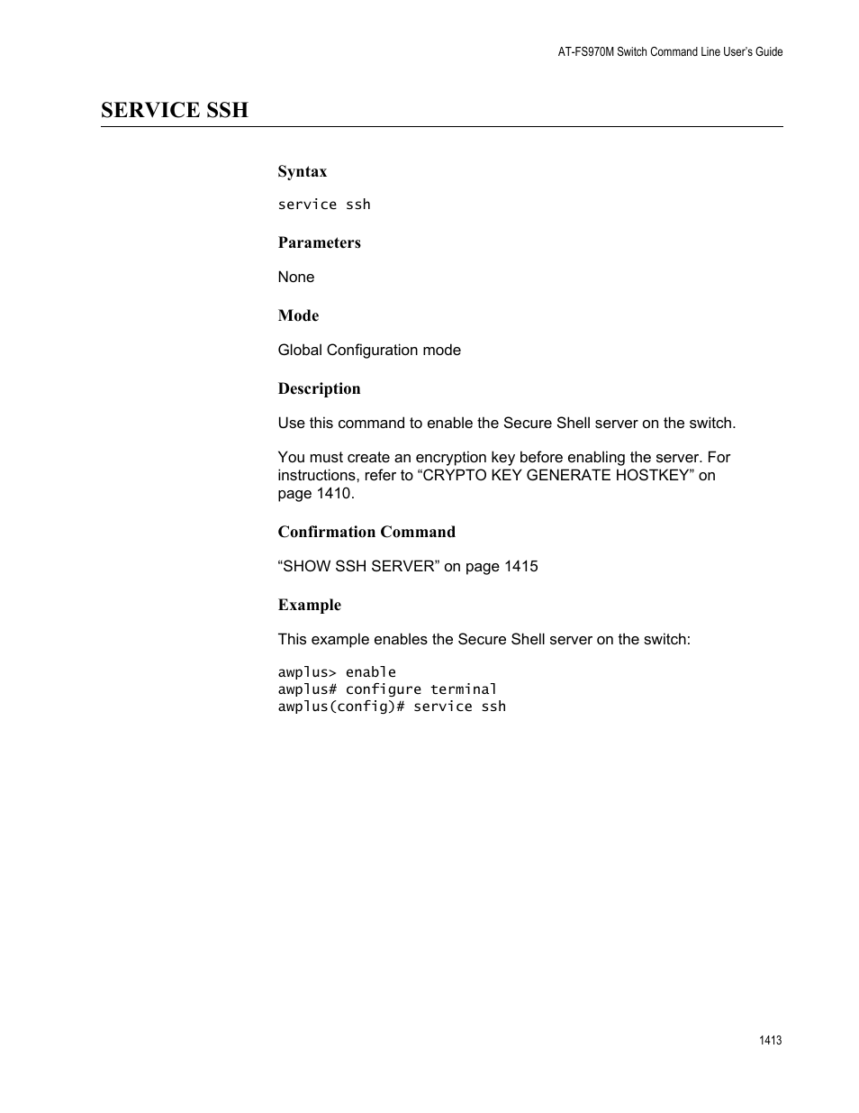 Service ssh 3, Service ssh | Allied Telesis AT-FS970M Series User Manual | Page 1413 / 1938