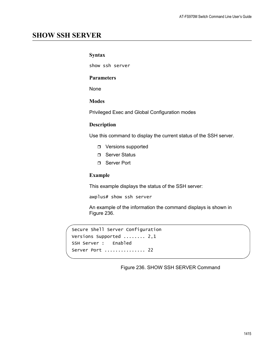 Show ssh server 5, Figure 236. show ssh server command 5, Show ssh server | Allied Telesis AT-FS970M Series User Manual | Page 1415 / 1938