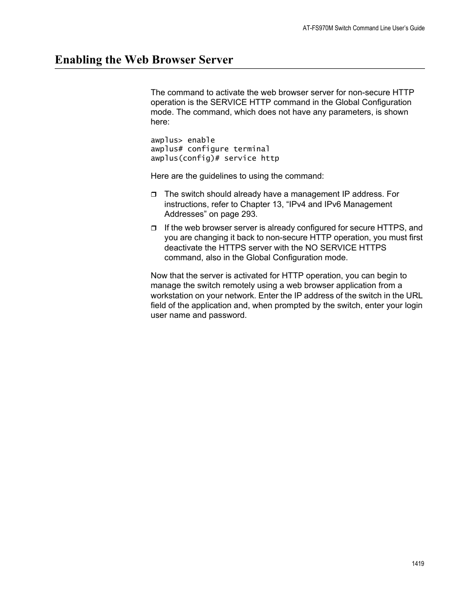 Enabling the web browser server 9, Enabling the web browser server | Allied Telesis AT-FS970M Series User Manual | Page 1419 / 1938