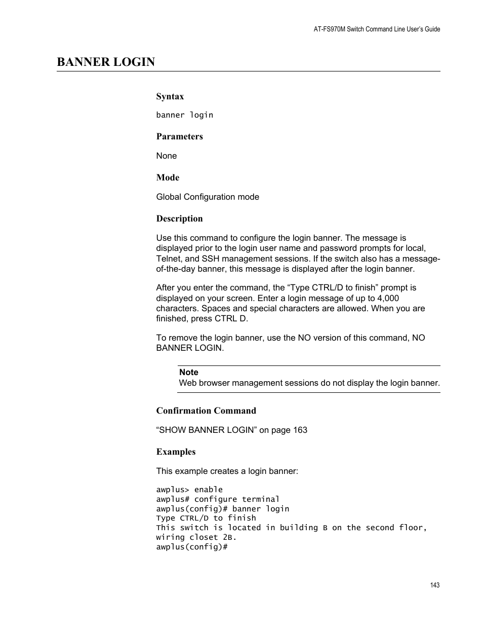 Banner login | Allied Telesis AT-FS970M Series User Manual | Page 143 / 1938