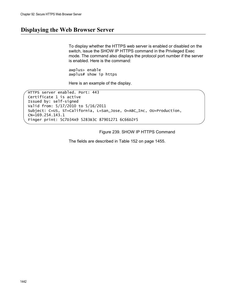 Displaying the web browser server 2, Figure 239. show ip https command 2, Displaying the web browser server | Allied Telesis AT-FS970M Series User Manual | Page 1442 / 1938