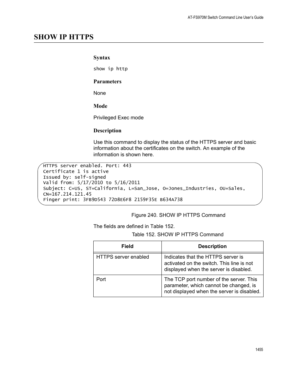 Show ip https 5, Figure 240. show ip https command 5, Table 152. show ip https command 5 | Allied Telesis AT-FS970M Series User Manual | Page 1455 / 1938