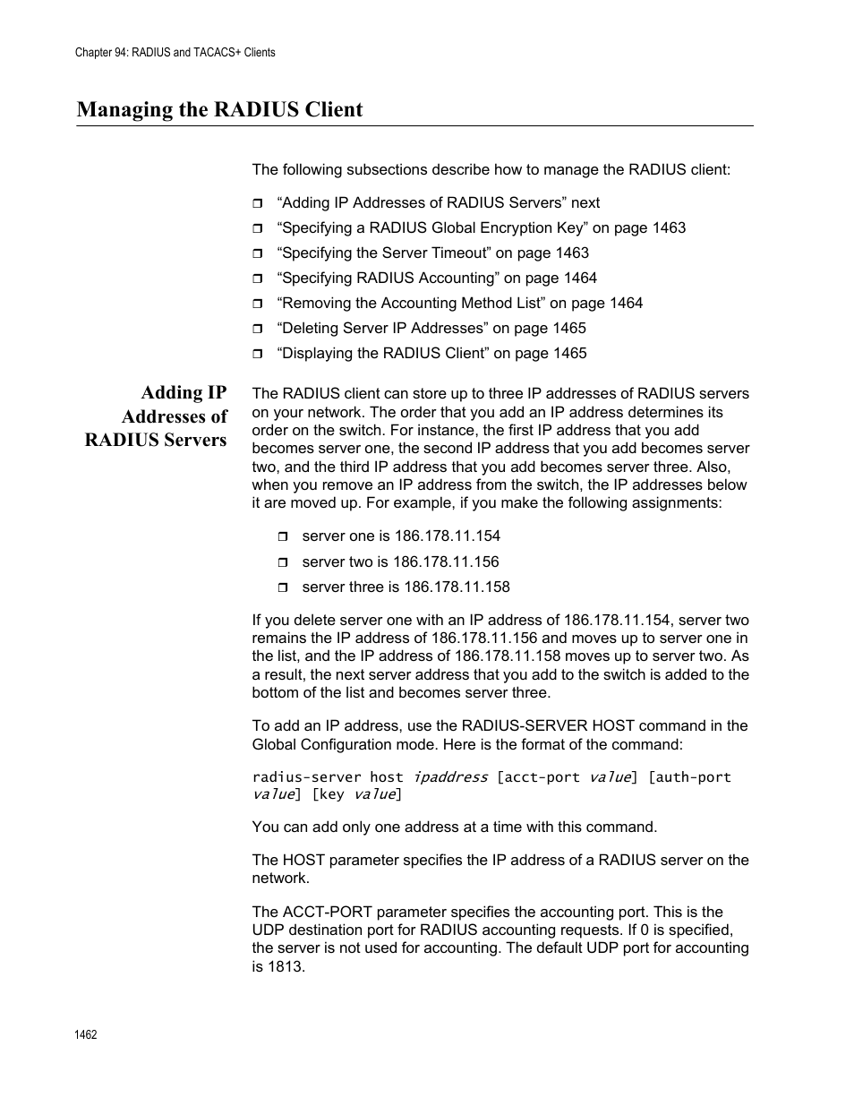 Managing the radius client 2, Adding ip addresses of radius servers 2, Managing the radius client | Adding ip addresses of radius servers | Allied Telesis AT-FS970M Series User Manual | Page 1462 / 1938