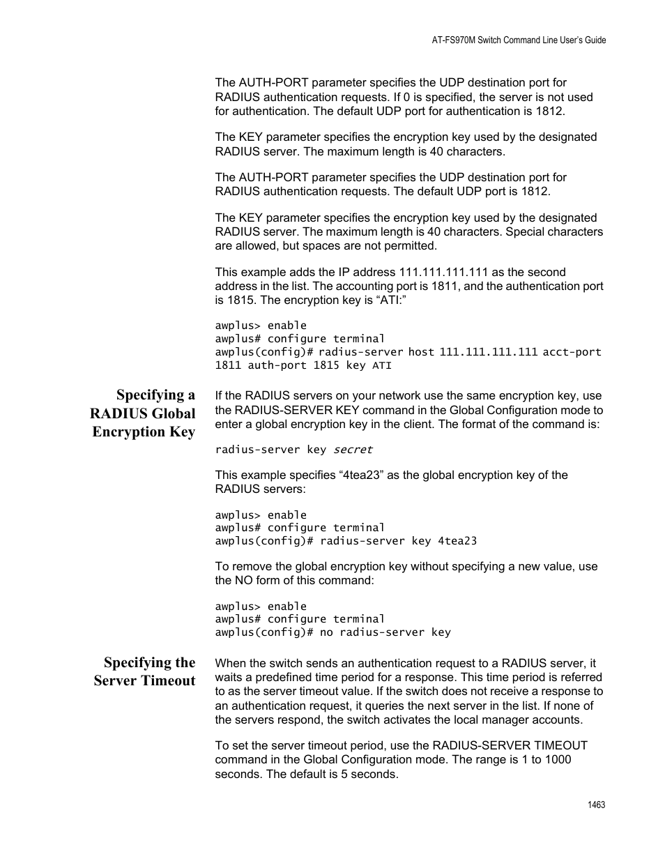 Specifying a radius global encryption key, Specifying the server timeout | Allied Telesis AT-FS970M Series User Manual | Page 1463 / 1938