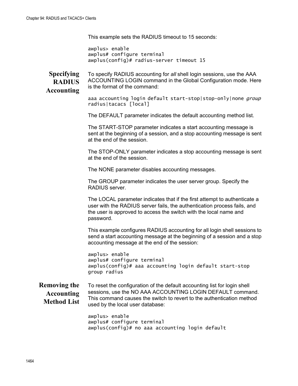 Specifying radius accounting, Removing the accounting method list | Allied Telesis AT-FS970M Series User Manual | Page 1464 / 1938