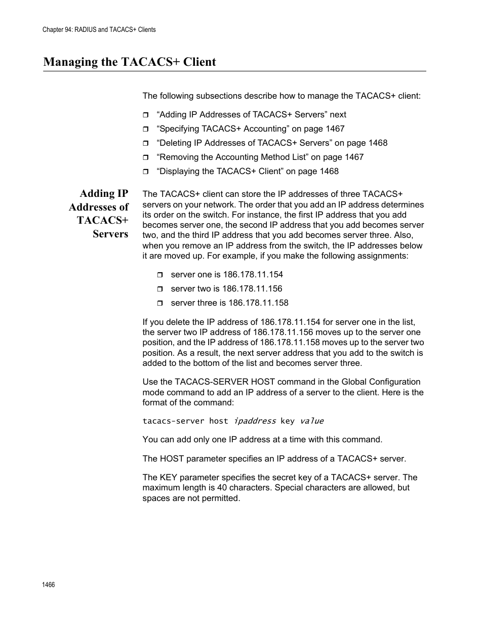 Managing the tacacs+ client 6, Adding ip addresses of tacacs+ servers 6, Managing the tacacs+ client | Adding ip addresses of tacacs+ servers | Allied Telesis AT-FS970M Series User Manual | Page 1466 / 1938