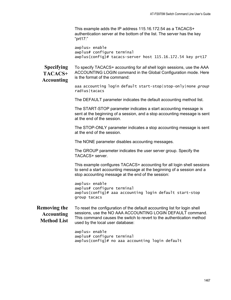 Specifying tacacs+ accounting, Removing the accounting method list | Allied Telesis AT-FS970M Series User Manual | Page 1467 / 1938