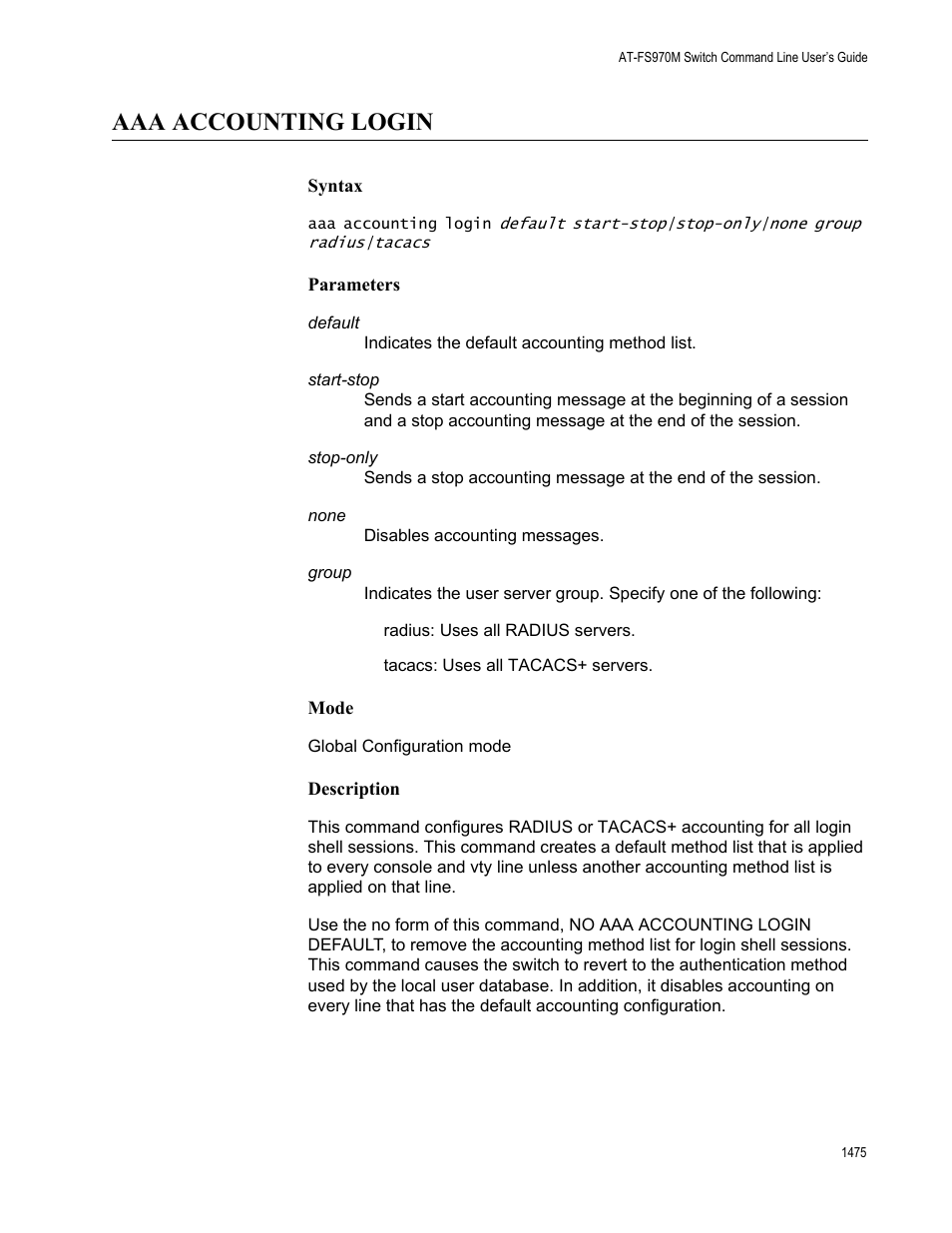 Aaa accounting login 5, Aaa accounting login | Allied Telesis AT-FS970M Series User Manual | Page 1475 / 1938