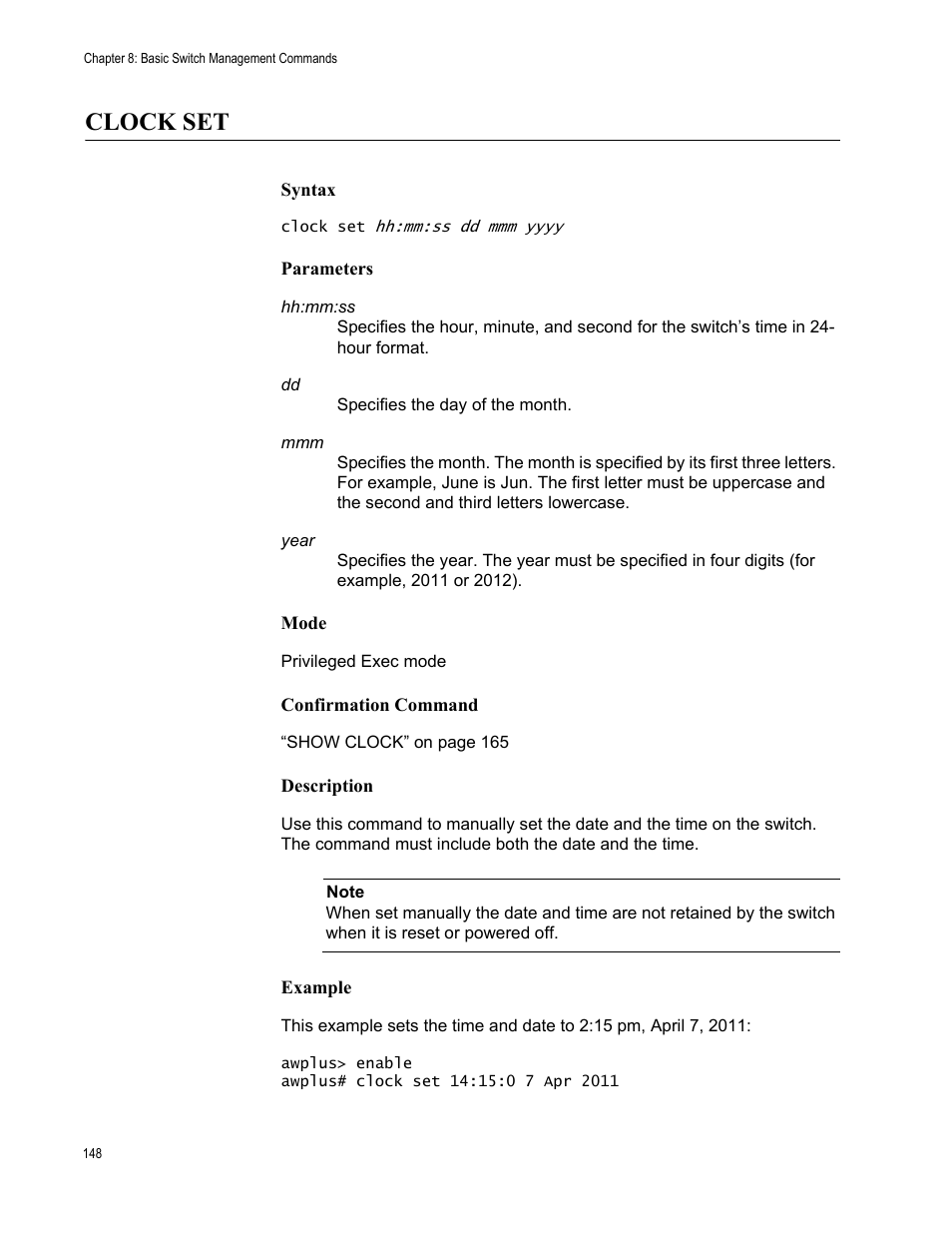 Clock set | Allied Telesis AT-FS970M Series User Manual | Page 148 / 1938