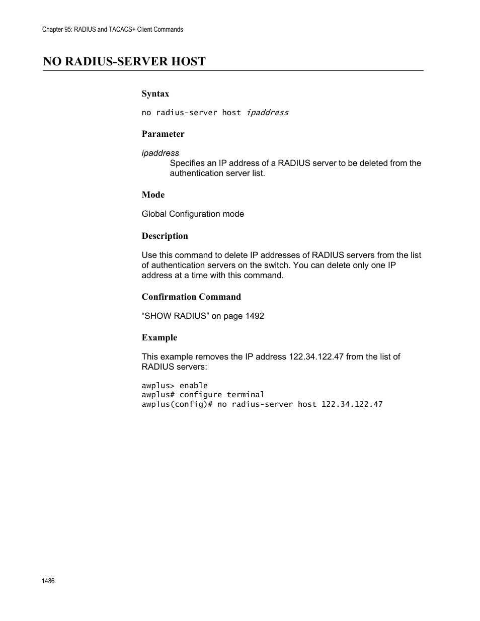 No radius-server host 6, No radius-server host | Allied Telesis AT-FS970M Series User Manual | Page 1486 / 1938