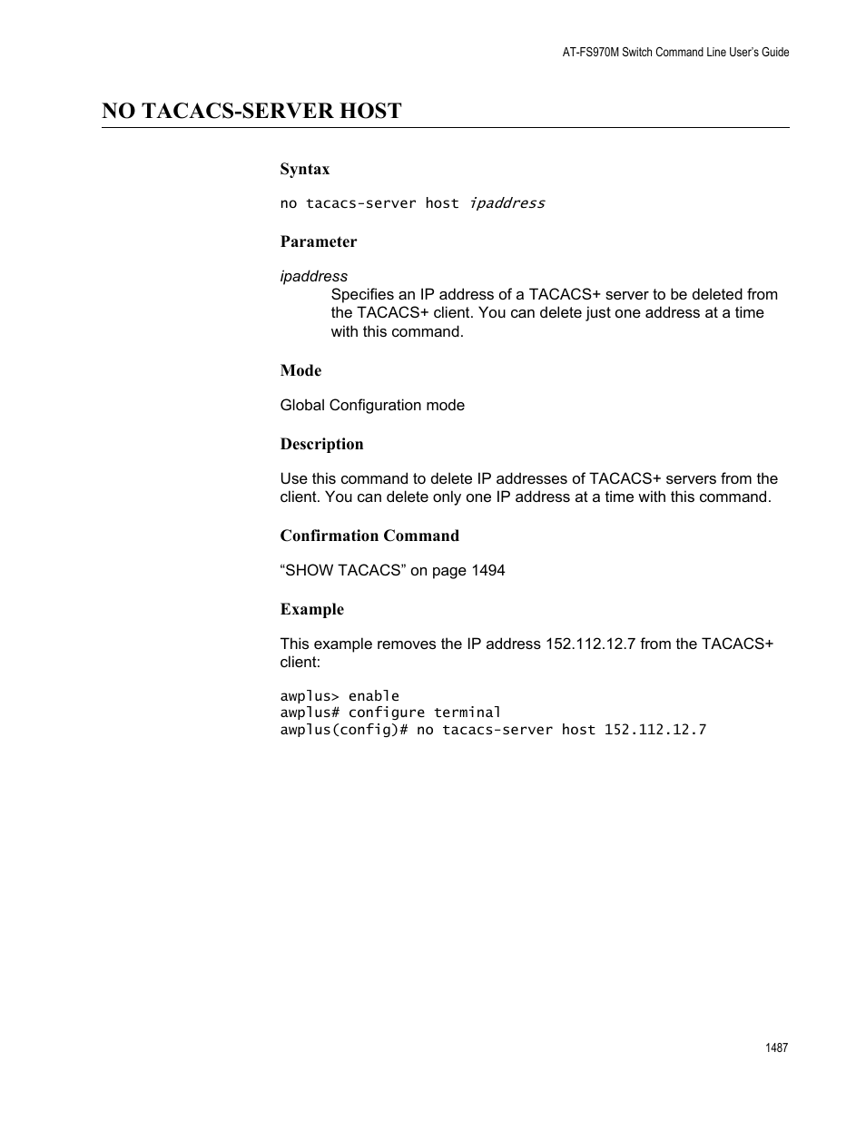 No tacacs-server host 7, No tacacs-server host | Allied Telesis AT-FS970M Series User Manual | Page 1487 / 1938