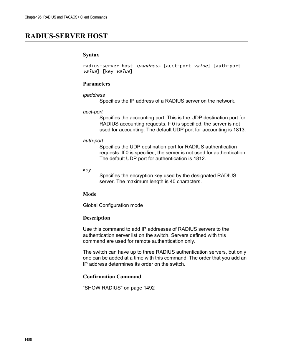 Radius-server host 8, Radius-server host | Allied Telesis AT-FS970M Series User Manual | Page 1488 / 1938