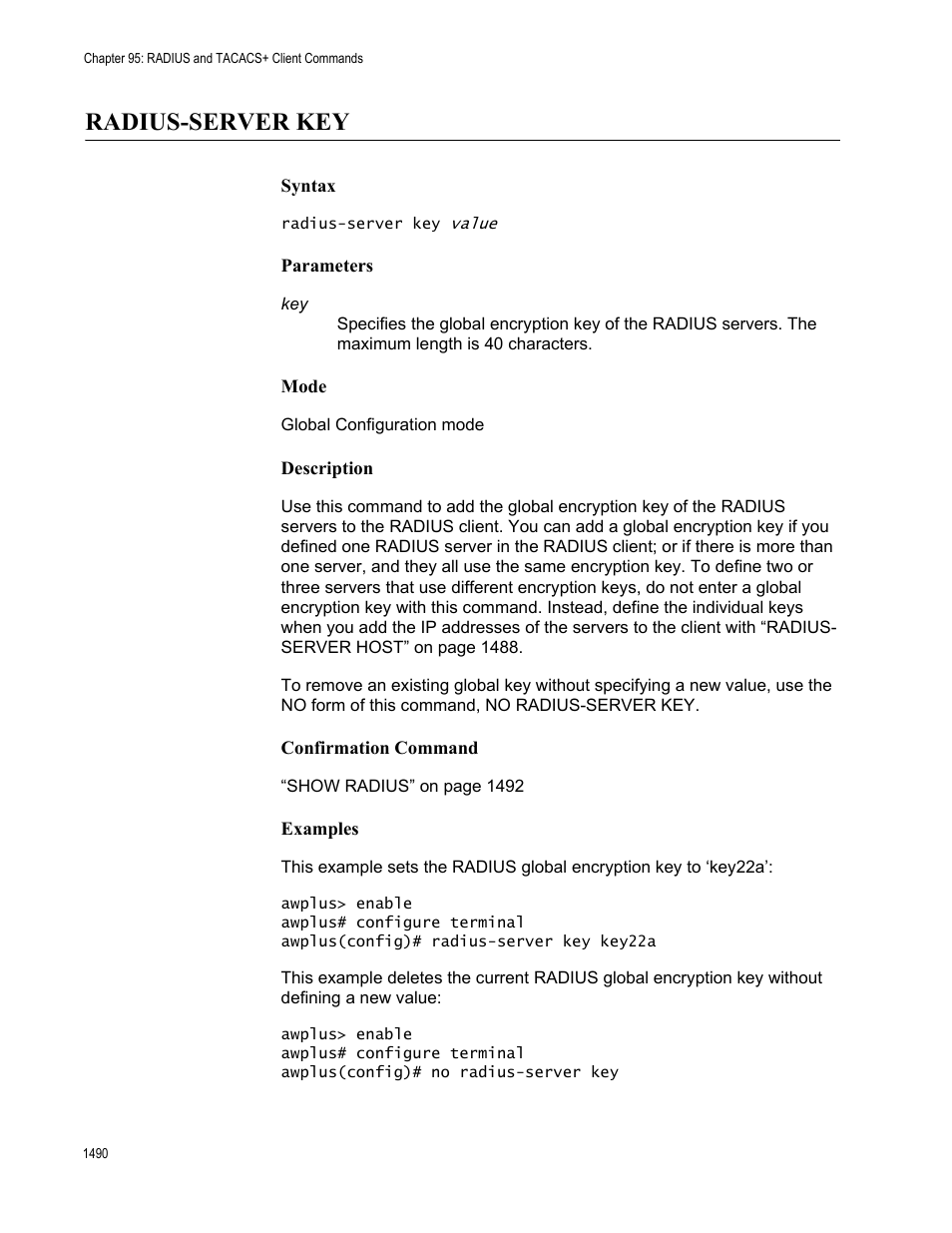 Radius-server key 0, Radius-server key | Allied Telesis AT-FS970M Series User Manual | Page 1490 / 1938