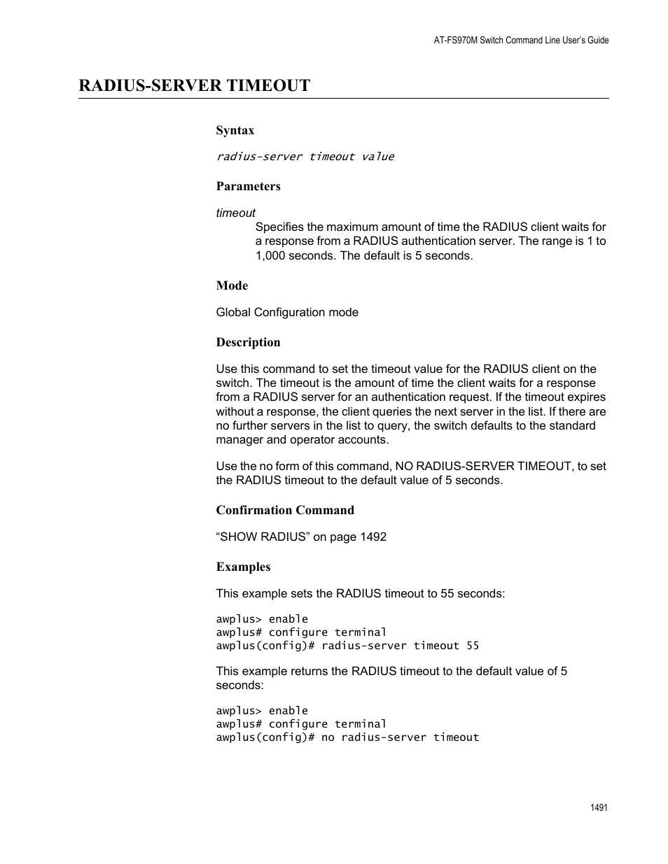 Radius-server timeout 1, Radius-server timeout | Allied Telesis AT-FS970M Series User Manual | Page 1491 / 1938