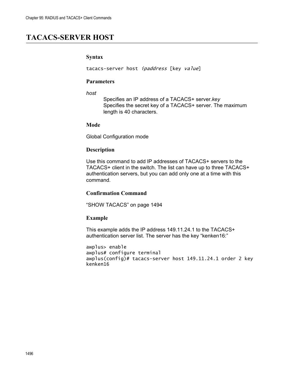 Tacacs-server host 6, Tacacs-server host | Allied Telesis AT-FS970M Series User Manual | Page 1496 / 1938