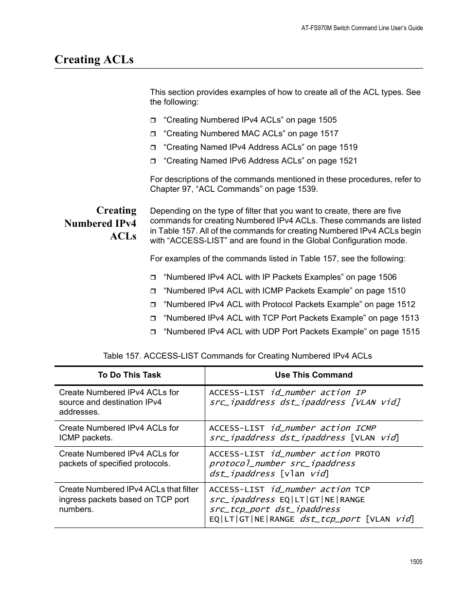 Creating acls 5, Creating numbered ipv4 acls 5, Creating acls | Creating numbered ipv4 acls | Allied Telesis AT-FS970M Series User Manual | Page 1505 / 1938