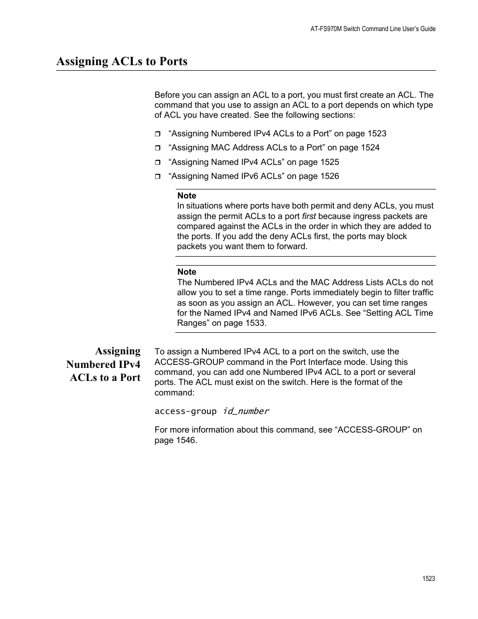 Assigning acls to ports 3, Assigning numbered ipv4 acls to a port 3, Assigning acls to ports | Assigning numbered ipv4 acls to a port | Allied Telesis AT-FS970M Series User Manual | Page 1523 / 1938