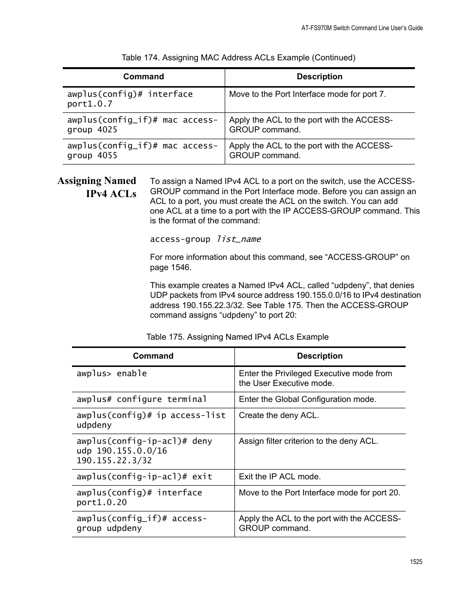 Assigning named ipv4 acls 5, Table 175. assigning named ipv4 acls example 5, Assigning named ipv4 acls | Allied Telesis AT-FS970M Series User Manual | Page 1525 / 1938