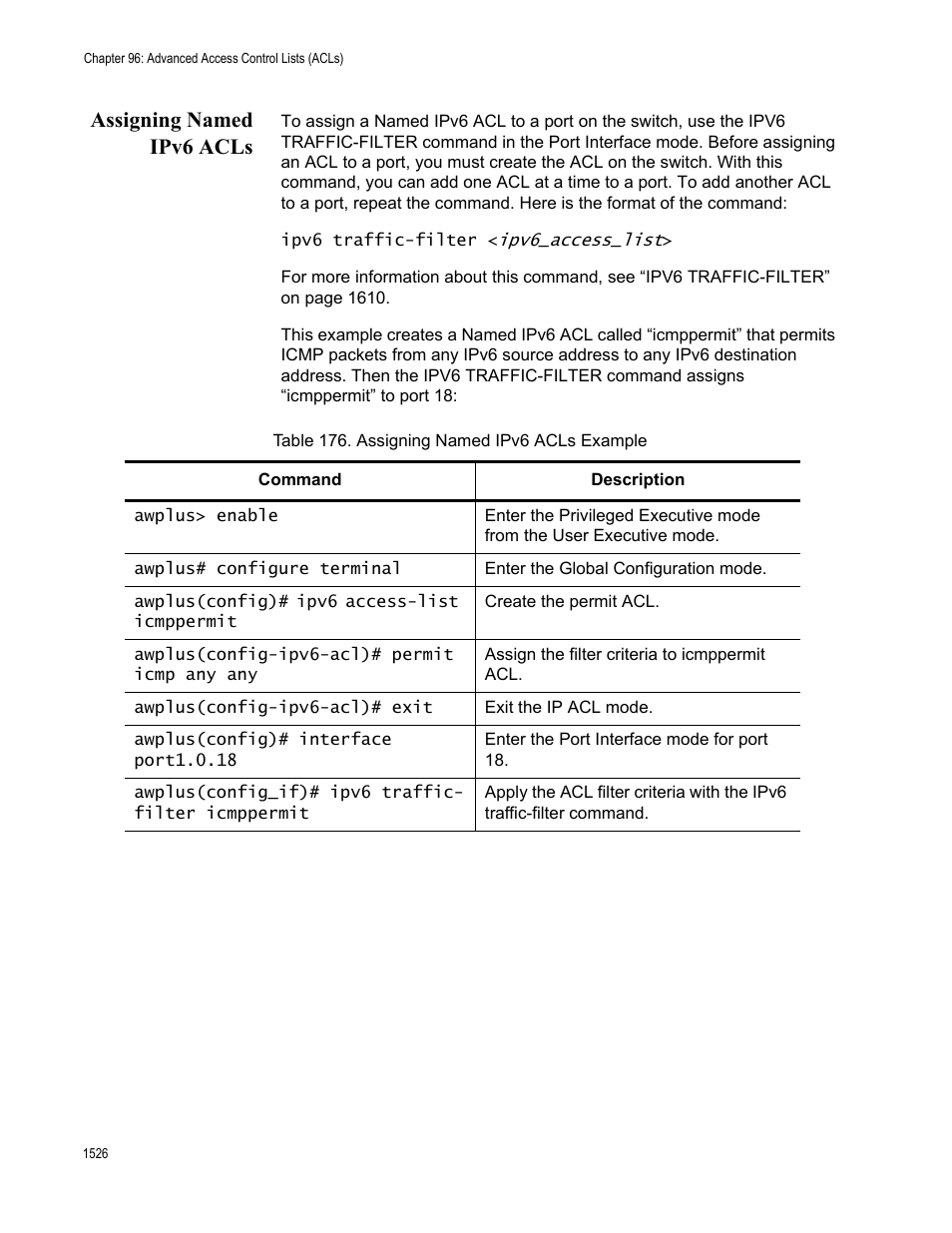 Assigning named ipv6 acls 6, Table 176. assigning named ipv6 acls example 6, Assigning named ipv6 acls | Allied Telesis AT-FS970M Series User Manual | Page 1526 / 1938