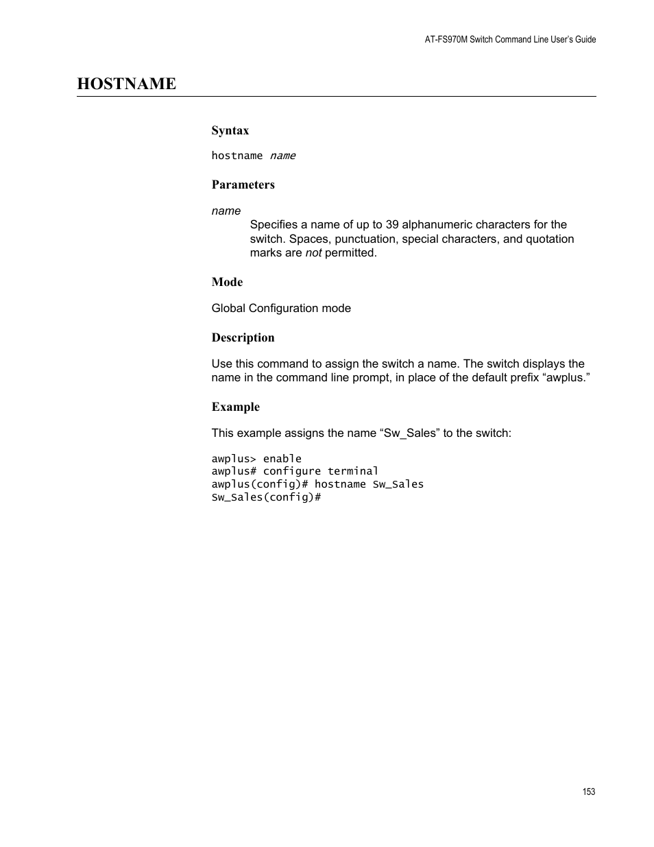 Hostname | Allied Telesis AT-FS970M Series User Manual | Page 153 / 1938