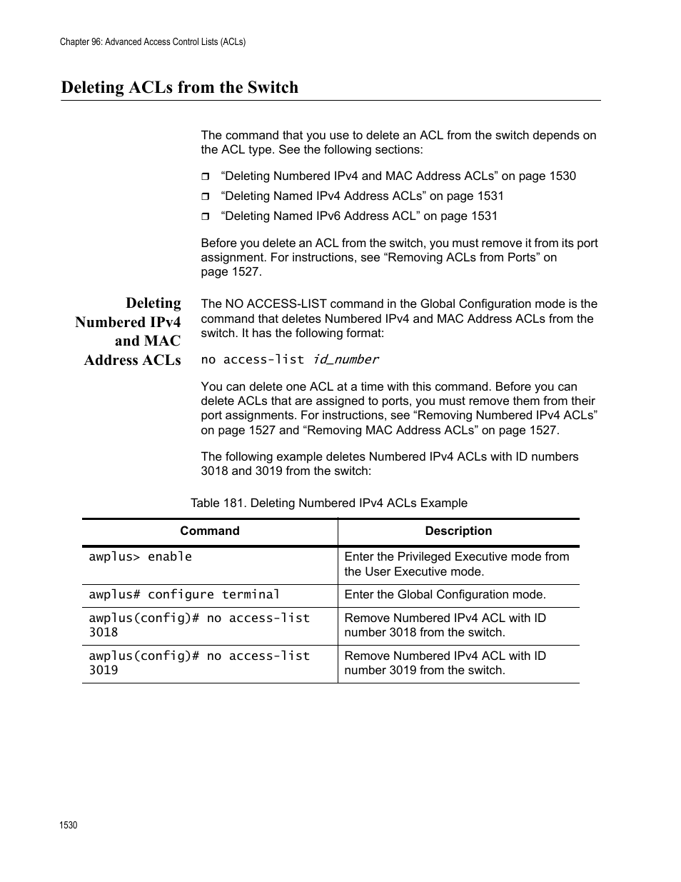 Deleting acls from the switch 0, Deleting numbered ipv4 and mac address acls 0, Table 181. deleting numbered ipv4 acls example 0 | Deleting acls from the switch, Deleting numbered ipv4 and mac address acls | Allied Telesis AT-FS970M Series User Manual | Page 1530 / 1938