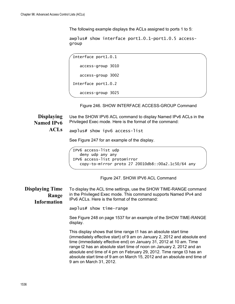 Displaying named ipv6 acls, Displaying time range information | Allied Telesis AT-FS970M Series User Manual | Page 1536 / 1938