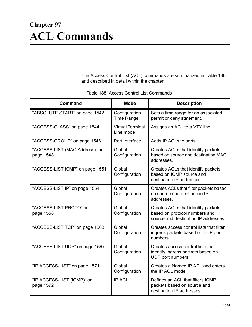 Chapter 97, Acl commands, Table 188. access control list commands 9 | Allied Telesis AT-FS970M Series User Manual | Page 1539 / 1938