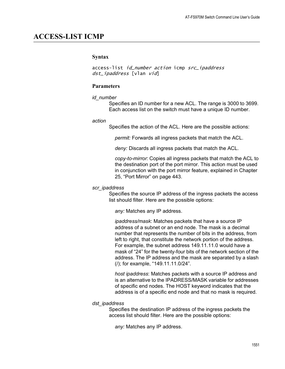 Access-list icmp 1, Access-list icmp | Allied Telesis AT-FS970M Series User Manual | Page 1551 / 1938