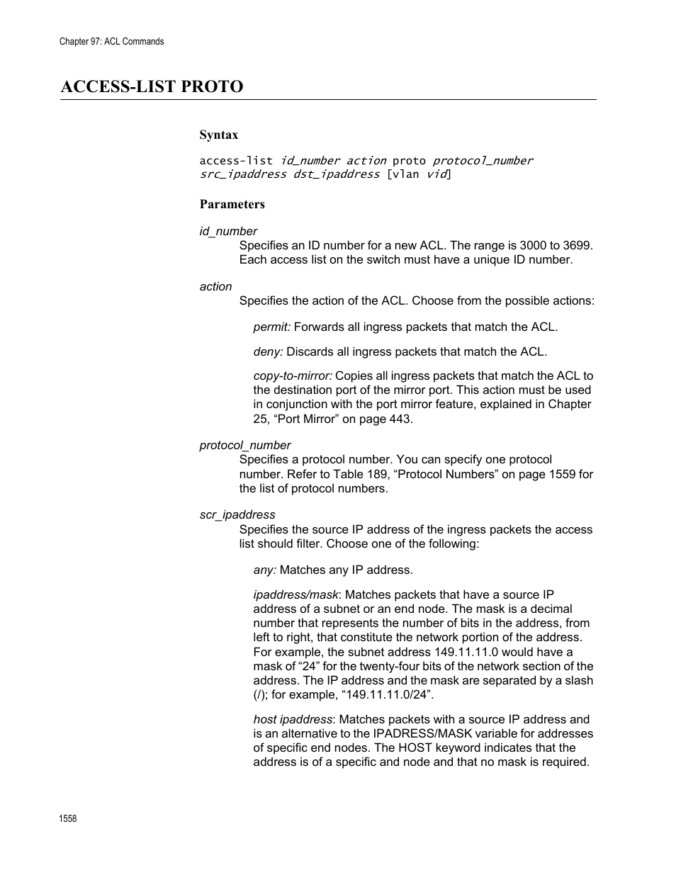 Access-list proto 8, Access-list proto | Allied Telesis AT-FS970M Series User Manual | Page 1558 / 1938