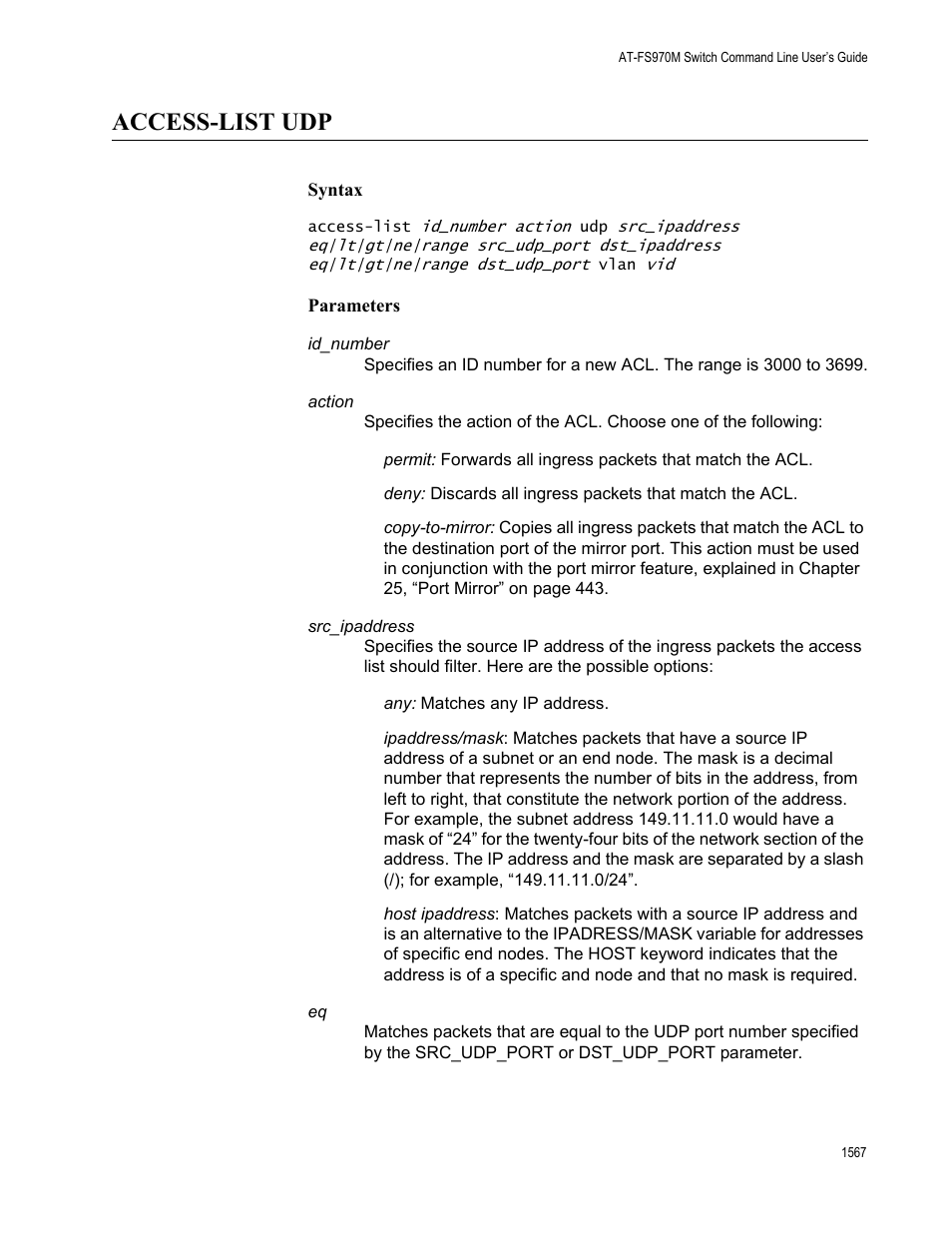 Access-list udp 7, Access-list udp | Allied Telesis AT-FS970M Series User Manual | Page 1567 / 1938