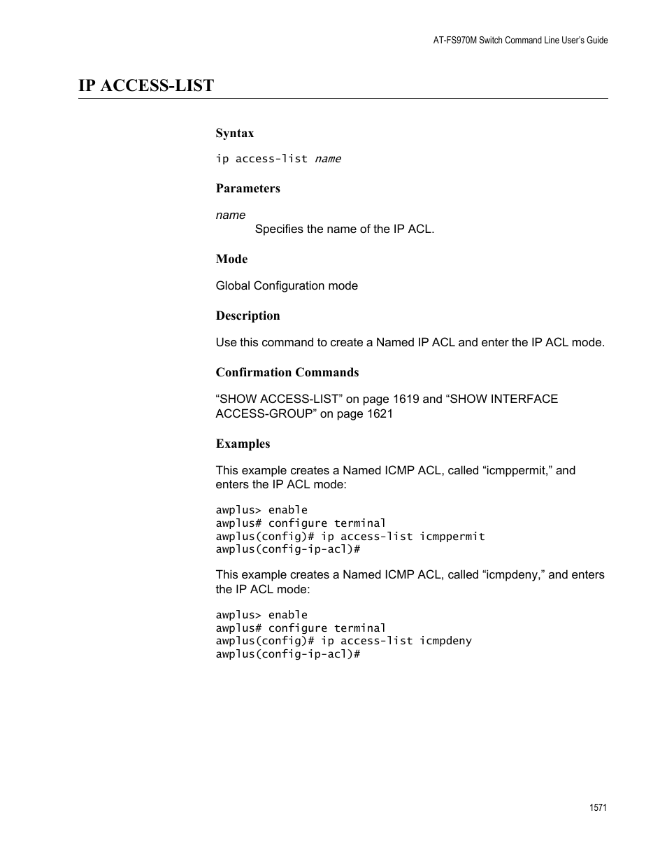 Ip access-list 1, Ip access-list | Allied Telesis AT-FS970M Series User Manual | Page 1571 / 1938