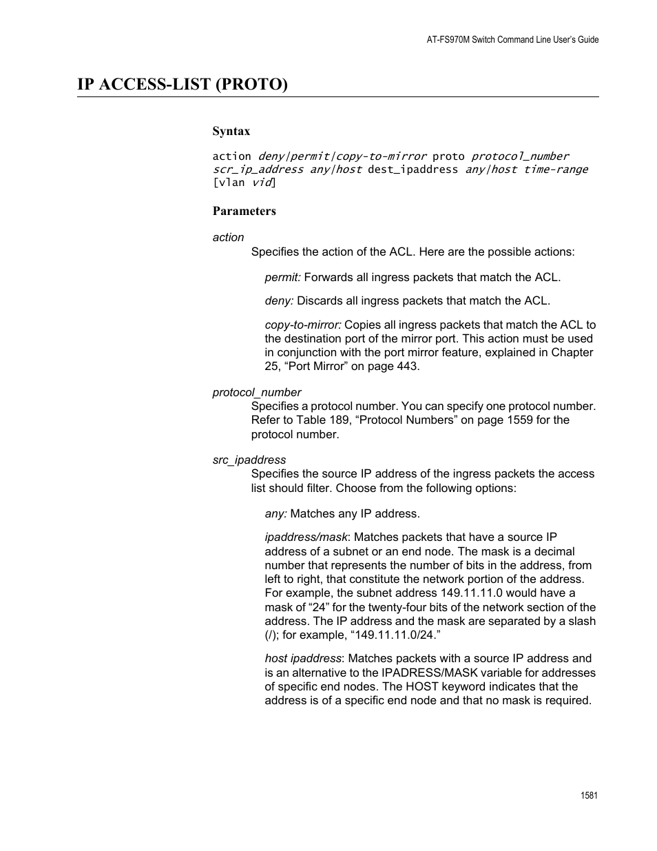 Ip access-list (proto) 1, Ip access-list (proto) | Allied Telesis AT-FS970M Series User Manual | Page 1581 / 1938
