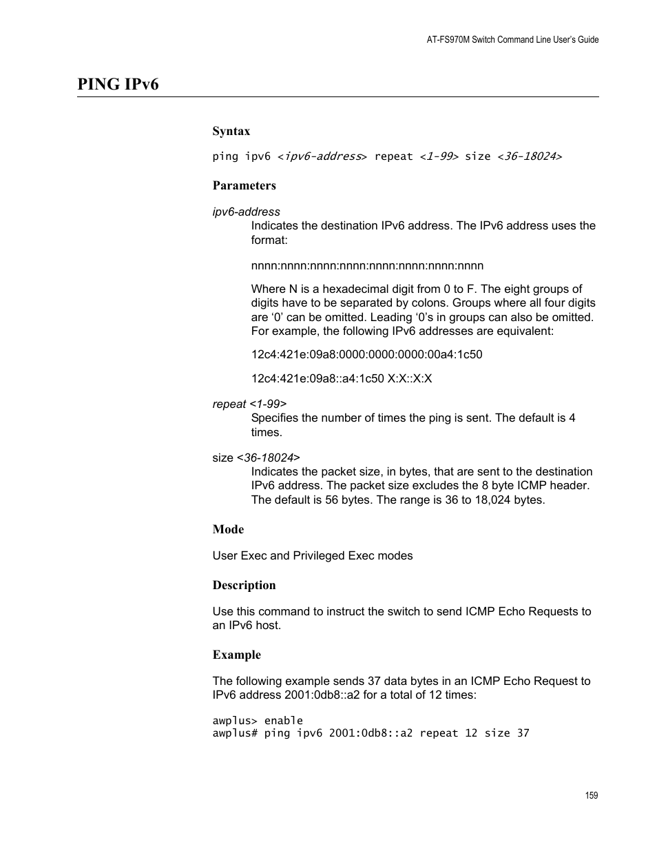 Ping ipv6 | Allied Telesis AT-FS970M Series User Manual | Page 159 / 1938