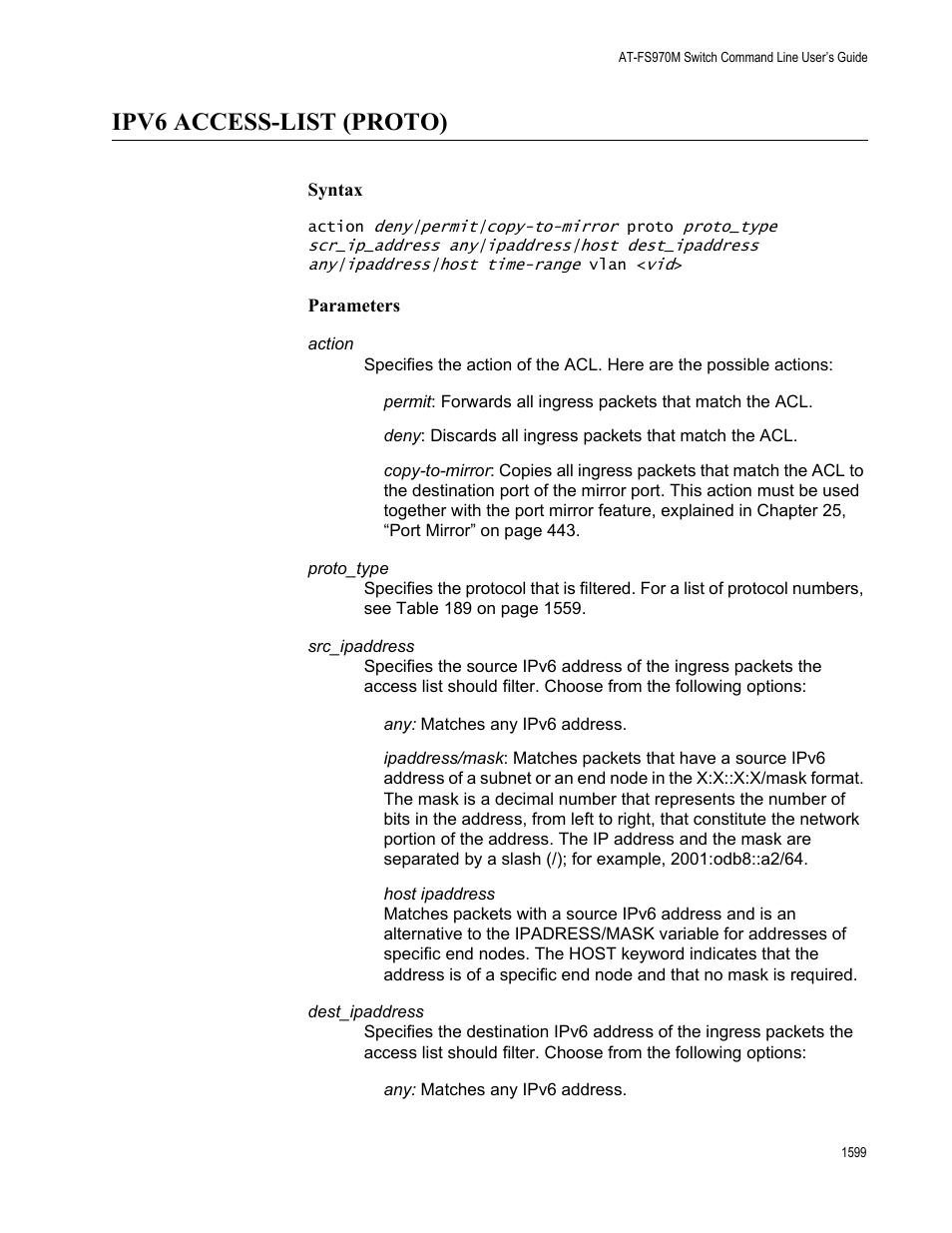 Ipv6 access-list (proto) 9, Ipv6 access-list (proto) | Allied Telesis AT-FS970M Series User Manual | Page 1599 / 1938