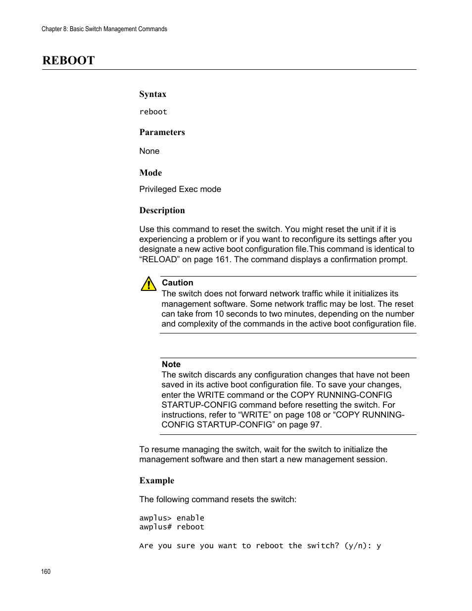 Reboot | Allied Telesis AT-FS970M Series User Manual | Page 160 / 1938