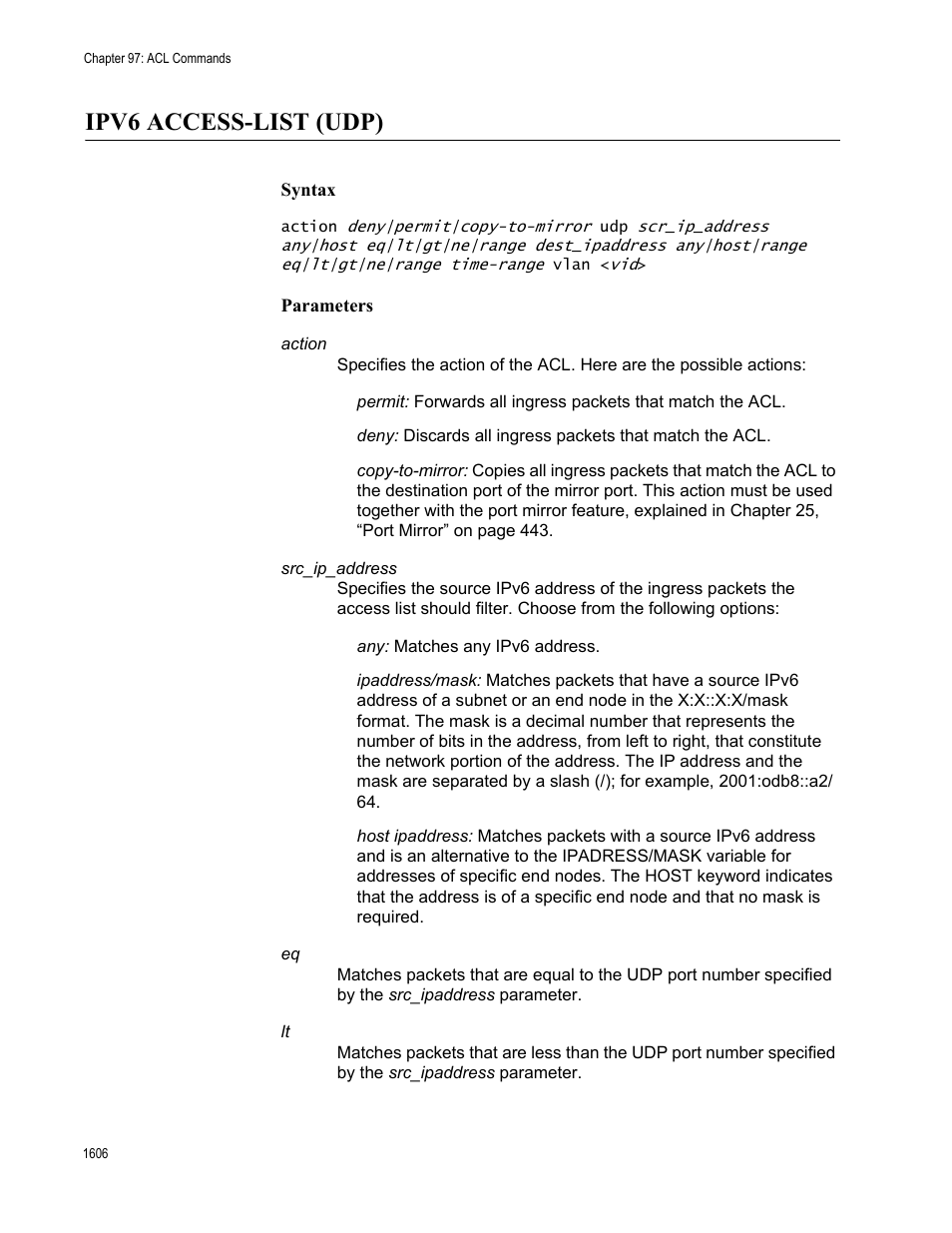 Ipv6 access-list (udp) 6, Ipv6 access-list (udp) | Allied Telesis AT-FS970M Series User Manual | Page 1606 / 1938