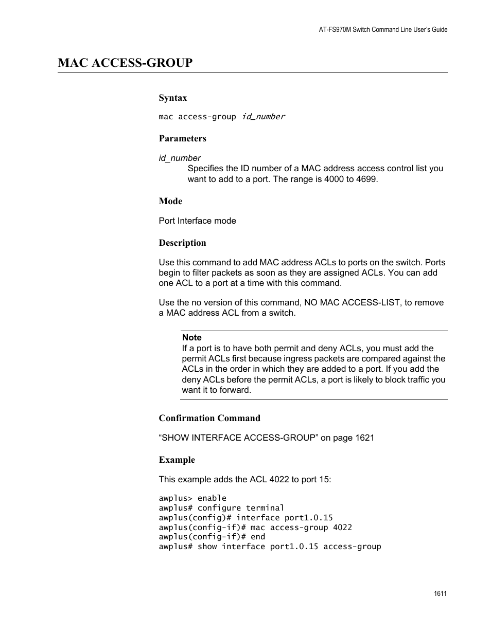 Mac access-group 1, Mac access-group | Allied Telesis AT-FS970M Series User Manual | Page 1611 / 1938