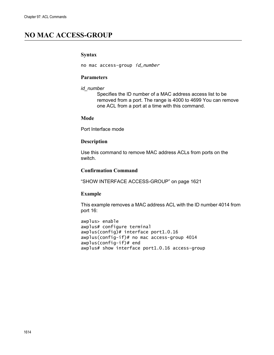 No mac access-group 4, No mac access-group | Allied Telesis AT-FS970M Series User Manual | Page 1614 / 1938