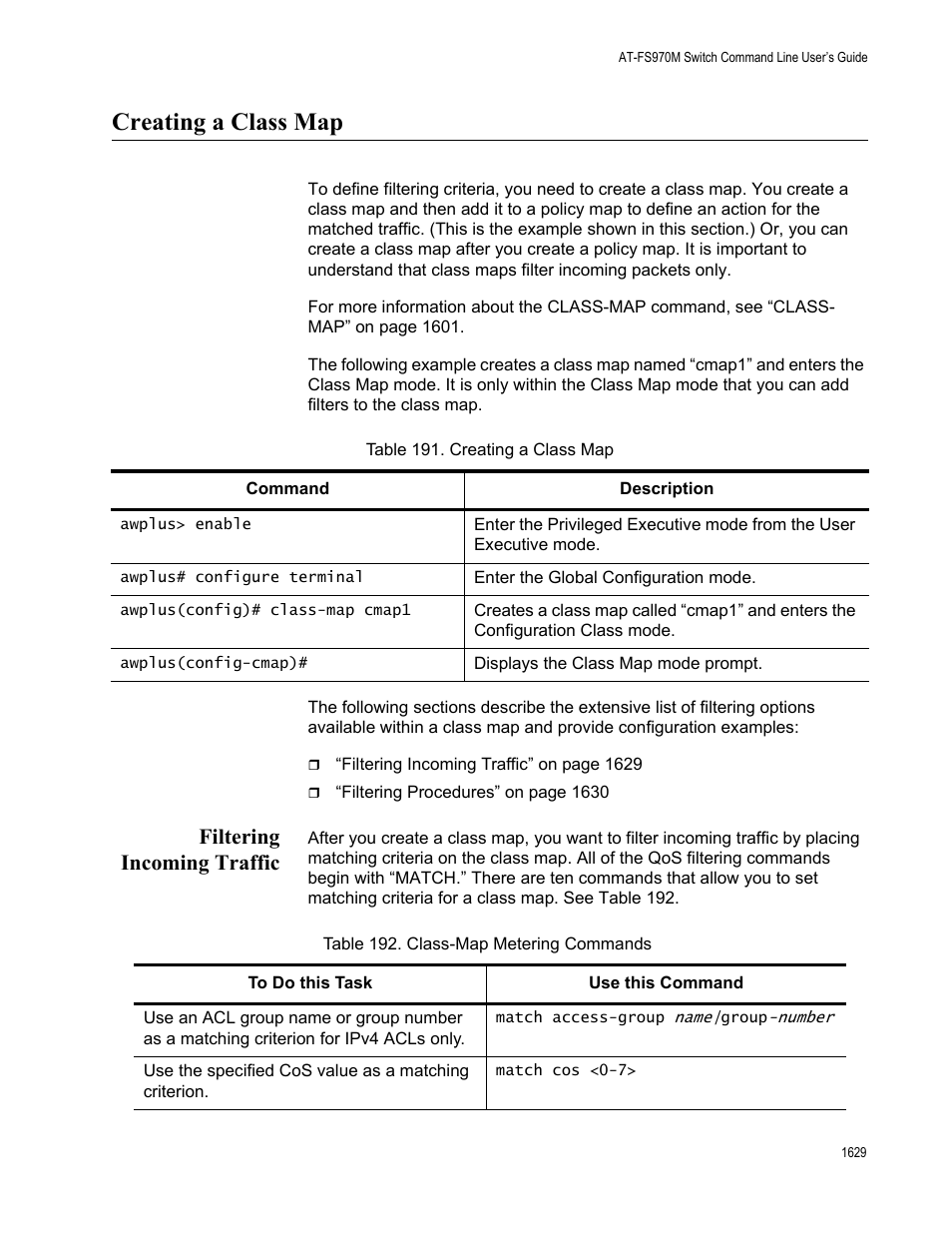 Creating a class map 9, Filtering incoming traffic 9, Creating a class map | Filtering incoming traffic | Allied Telesis AT-FS970M Series User Manual | Page 1629 / 1938